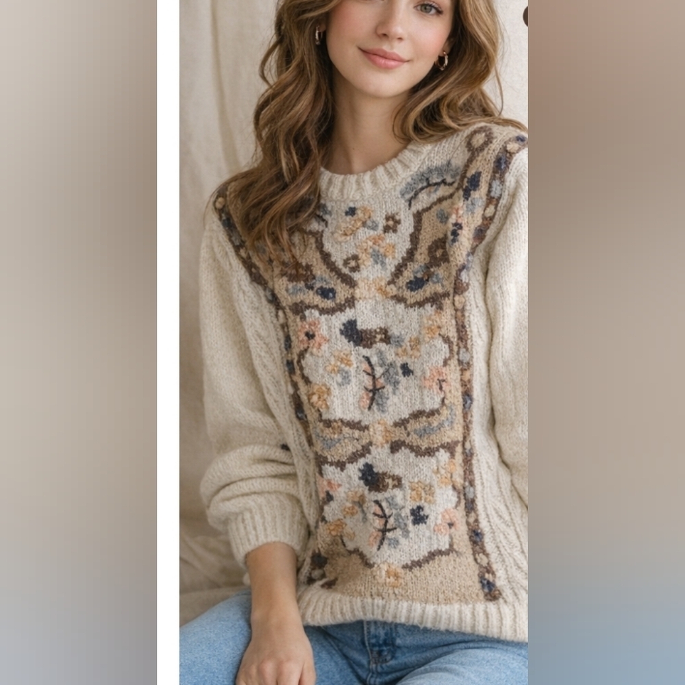Vintage Hand Knit Embroidered Floral Sweater SzM Grannycore, Whimsy, Cottagecore
